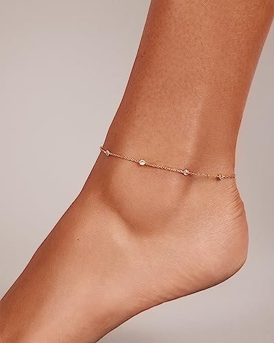 PAVOI 14K Gold Plated Charm Link Chain Anklets for Women | Dainty Cubic Zirconia Boho Dot Evil Eye Star Station Solitaire Pearl Beaded Festival Adjustable Gold Anklets