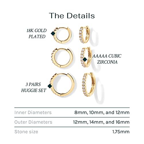 PAVOI 18K Gold Plated 925 Sterling Silver Post, 3 Pairs Small Gold Hoop Earrings Set | Mini Cartilage Helix Huggie Hoop Pack for Women Men 8mm 10mm 12mm