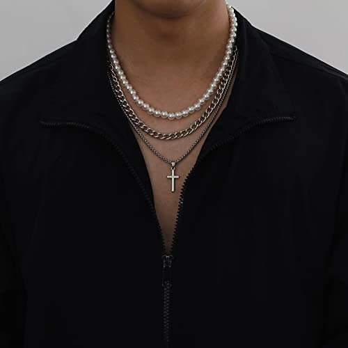 Pearl Necklace for Men Layered Cuban Link Cross Necklaces Mens Stainless Steel Chain Faux Pearl Choker Compass Pendant 3PCS Necklaces Set for Men Women Jewelry Gift