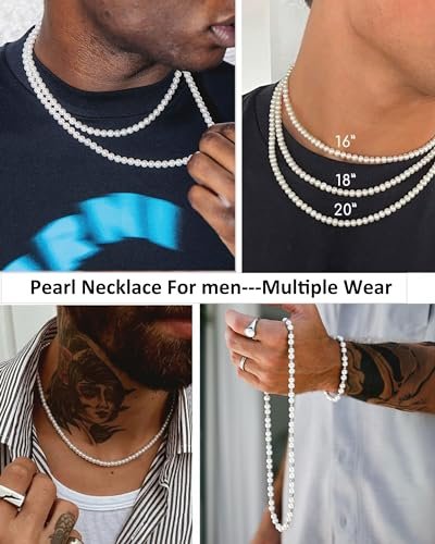 Pearl Necklace for Men Layered Cuban Link Cross Necklaces Mens Stainless Steel Chain Faux Pearl Choker Compass Pendant 3PCS Necklaces Set for Men Women Jewelry Gift