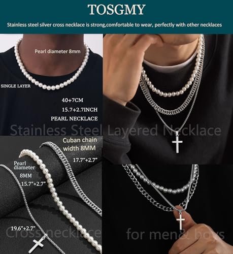 Pearl Necklace for Men Layered Cuban Link Cross Necklaces Mens Stainless Steel Chain Faux Pearl Choker Compass Pendant 3PCS Necklaces Set for Men Women Jewelry Gift