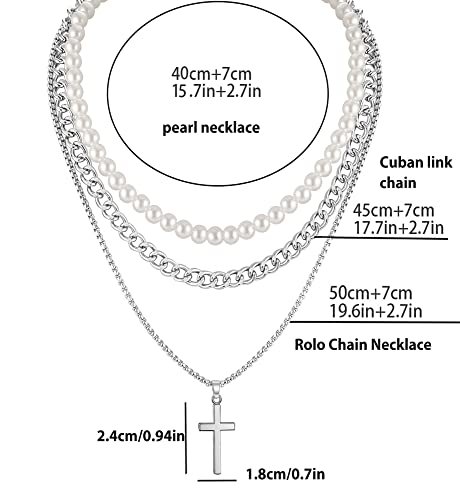 Pearl Necklace for Men Layered Cuban Link Cross Necklaces Mens Stainless Steel Chain Faux Pearl Choker Compass Pendant 3PCS Necklaces Set for Men Women Jewelry Gift