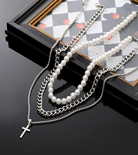 Pearl Necklace for Men Layered Cuban Link Cross Necklaces Mens Stainless Steel Chain Faux Pearl Choker Compass Pendant 3PCS Necklaces Set for Men Women Jewelry Gift