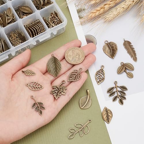 PH PandaHall 150pcs 15 Styles Tree Leaf Charms Pendants, Tibetan Branch Leaves Charms Metal Alloy Leaf Beads Antique Bronze Dangle Charm for Fall Earring Bracelet Necklace...