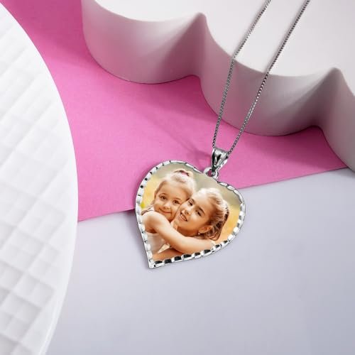 PicturesOnGold.com Personalized Photo Engraved Heart Shaped Picture Necklace with Diamond Cut Edge in Silver, Gold, White Gold or Rose Gold - 1 Inch x 1 Inch