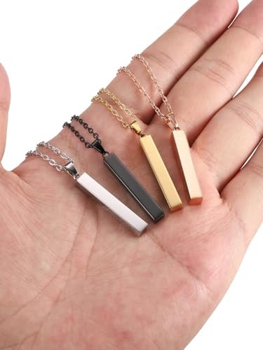PiercingJ 4 Side Engraving Personalized Custom Message Name Bar Necklace Stainless Steel Pendant Chain for Men Women Valentine's Day Gift Box