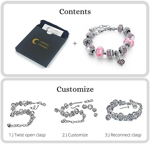 Pink Hearts Silver Plated Charm Bracelet Set, Jewelry Gifts with Beads, Charms, and Adjustable Snake Chain, Fits 7.5"+1.5"