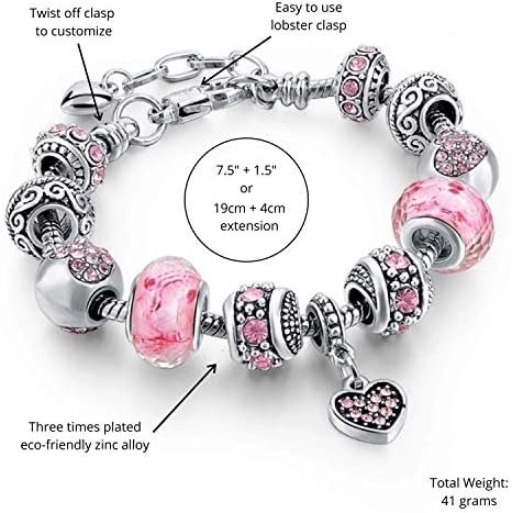 Pink Hearts Silver Plated Charm Bracelet Set, Jewelry Gifts with Beads, Charms, and Adjustable Snake Chain, Fits 7.5"+1.5"