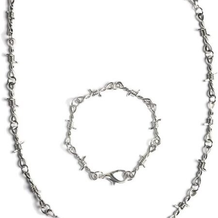 Punk Gothic Thorns Metal Barbed Wire Chain Necklace Bracelet Silver Jewelry for Men Women