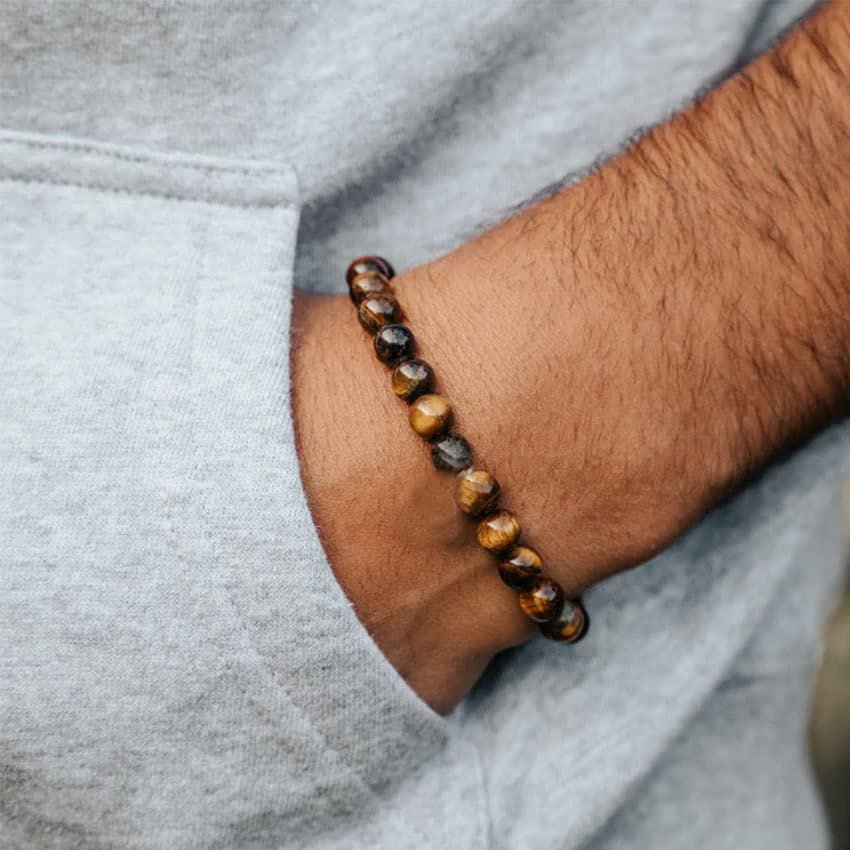 RANKEEF Tiger Eye Bracelet For Men 8MM Natural Stone Beads Bracelet Set Stretch Lava Rock Bracelets Adjustable Black Crystal Beaded Bracelet for Men Women Gifts