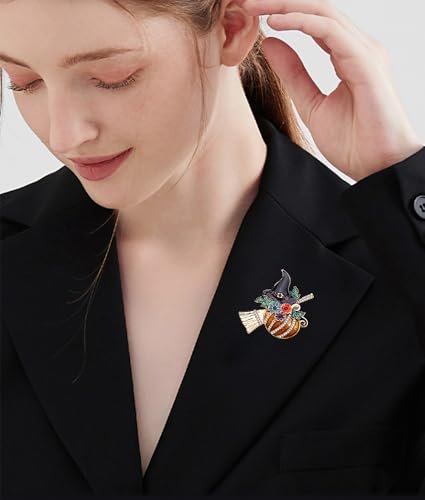 Rhinestone Pumpkin Witch Hat Brooch Pin for Women Girls Gold Plated Fashion Enamel Crystal Flower Leaf Broom Halloween Brooches Dainty Dress Accessories Holiday Festival Jewelry...