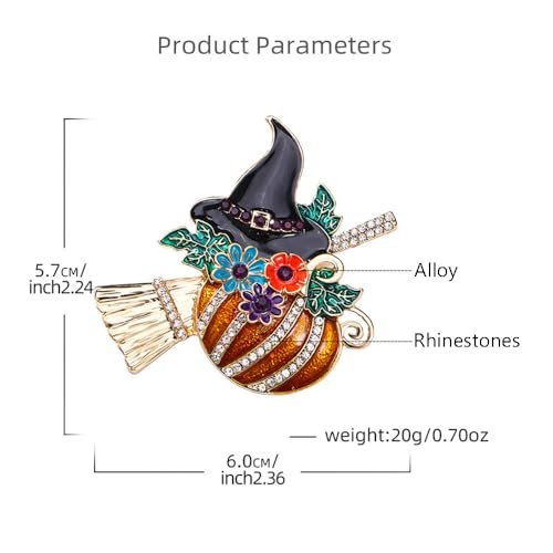 Rhinestone Pumpkin Witch Hat Brooch Pin for Women Girls Gold Plated Fashion Enamel Crystal Flower Leaf Broom Halloween Brooches Dainty Dress Accessories Holiday Festival Jewelry...