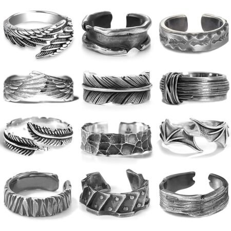 RIOSO 12Pcs Vintage Rings for Men Cool Adjustable Angel Wings Ring Goth Punk Open Ring Set