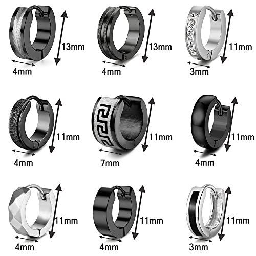 RIOSO 9Pairs Hoop Earrings for Men Stainless Steel Black Silver Men's Hoop Earring