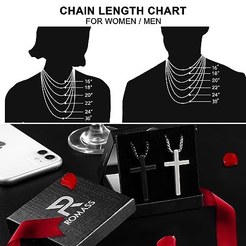Romass 2 Pcs Cross Necklace for Men,Stainless Steel Pendant Silver Black Crosses Chain Jewelry Gifts Box 16-30 inches