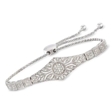 Ross-Simons 0.50 ct. t.w. Diamond Floral Openwork Bolo Bracelet in Sterling Silver