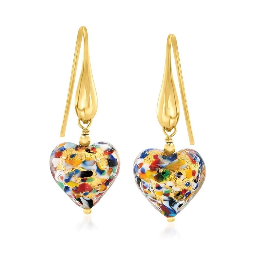 Ross-Simons Italian Murano Glass Heart Drop Earrings in 18kt Gold Over Sterling