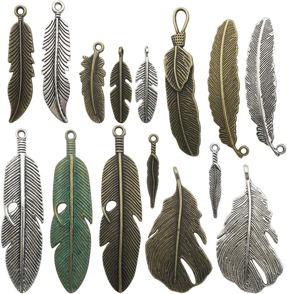 Samanter 100g Feather Charms Collection - Antique Silver Bronze Patina Big Goose Bird Plume Plumage Pinion Wing Feather Metal Pendants for Jewelry Making DIY Findings (HM17)