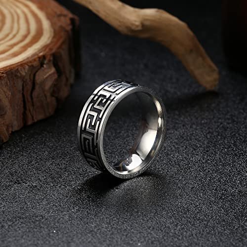 Sanfenly 5Pcs Stainless Steel Rings for Men Greek Signet Thumb Silver Retro Carving Celtic Band Rings Vintage Biker Band Rings Set