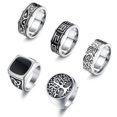 Sanfenly 5Pcs Stainless Steel Rings for Men Greek Signet Thumb Silver Retro Carving Celtic Band Rings Vintage Biker Band Rings Set