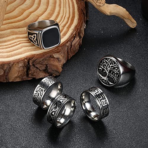 Sanfenly 5Pcs Stainless Steel Rings for Men Greek Signet Thumb Silver Retro Carving Celtic Band Rings Vintage Biker Band Rings Set