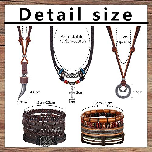 Sanfenly Leather Necklace Bracelet for Men Tribal Wolf Tooth Wood Bead Cross Pendant Necklaces Braided Wristband Vintage Brown Black Jewelry Set Adjustable