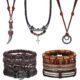 Sanfenly Leather Necklace Bracelet for Men Tribal Wolf Tooth Wood Bead Cross Pendant Necklaces Braided Wristband Vintage Brown Black Jewelry Set Adjustable