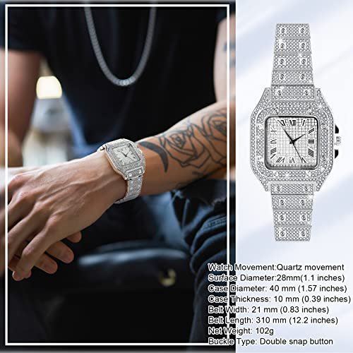 Sasylvia 5 Pcs Hip Hop Jewelry Set with Cuban Link Chain Necklace Bracelet Bling Crystal Diamond Watch Rhinestone Earrings