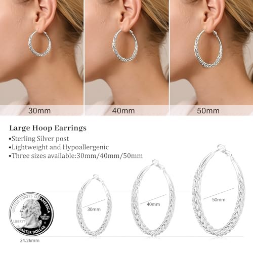 Senteria Silver Hoop Earrings for Women Hypoallergenic 925 Sterling Silver Post Hoop Earrings Lightweight Large Silver Hoop Earrings Thick Twisted Silver Hoop Earrings 30/40/50MM