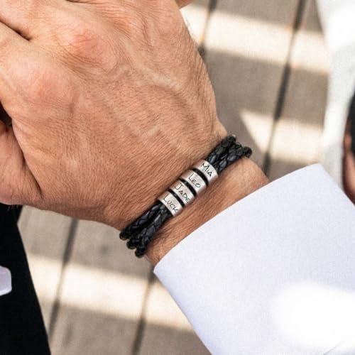 ShineSand Personalized Mens Leather Bracelet with Custom Beads, Customized Braid Leather Bracelet Engraved with Names for Men