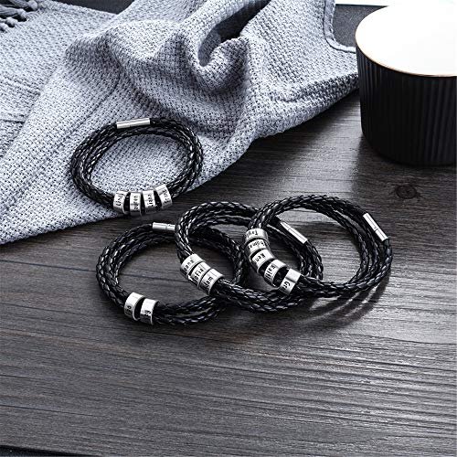 ShineSand Personalized Mens Leather Bracelet with Custom Beads, Customized Braid Leather Bracelet Engraved with Names for Men