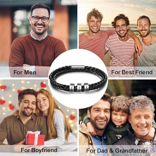 ShineSand Personalized Mens Leather Bracelet with Custom Beads, Customized Braid Leather Bracelet Engraved with Names for Men