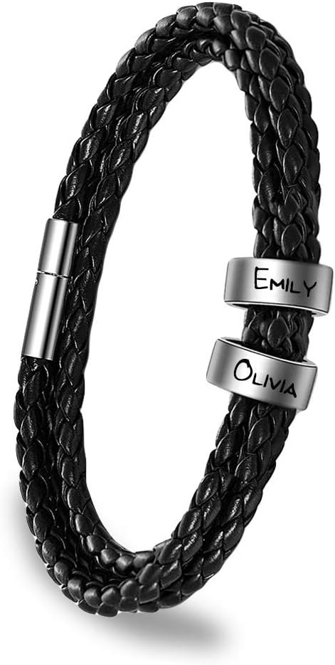ShineSand Personalized Mens Leather Bracelet with Custom Beads, Customized Braid Leather Bracelet Engraved with Names for Men