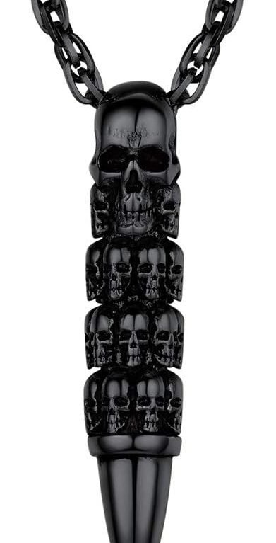 Skull Bullet Charm Necklace for Men, Punk Style, Black/18K Gold Plated Stainless Steel Goth Necklace, Halloween Jewelry