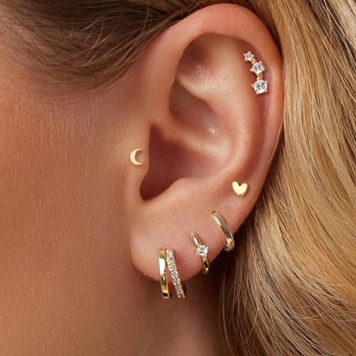 Small Gold Hoop Earrings for Women Dainty Gold Earrings, 14K Gold Plated Hypoallergenic Stud Earrings Set Cartilage Earrings for Multiple Piercing for Women