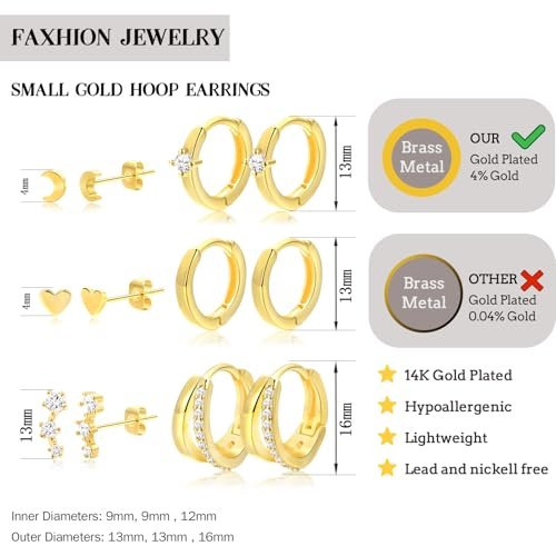Small Gold Hoop Earrings for Women Dainty Gold Earrings, 14K Gold Plated Hypoallergenic Stud Earrings Set Cartilage Earrings for Multiple Piercing for Women