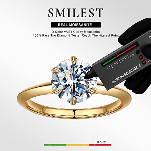 SMILEST 2ct Moissanite Rings for Women, Round D Color VVS1 Clarity Lab Created Diamond Ring 18K White Yellow Rose Gold Vermeil 6 Claw Knife Edge Classic Solitaire Moissanite...