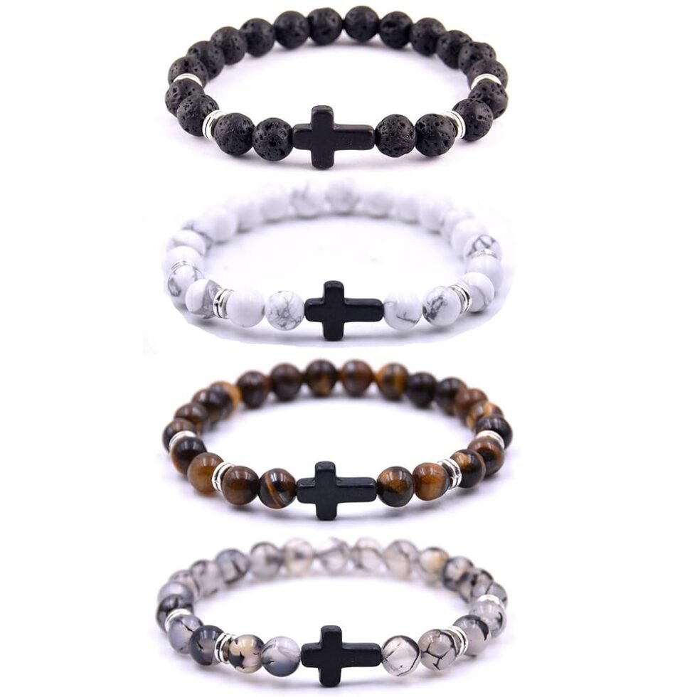 Softones 4PCS Cross Beads Bracelet for Men Women 8mm Healing Lava Stone Stretch Bracelets,7.5"