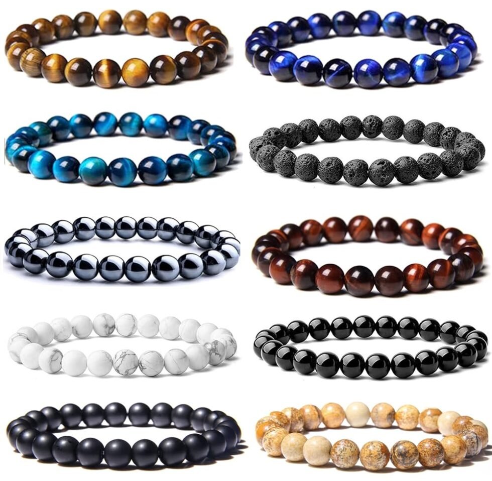 SONNYX 10 Pcs 8mm Semi-Precious Gemstones Bracelets Round Beaded Bracelets for Men Women Stone Crystal Stretch Beaded Bracelet Unisex