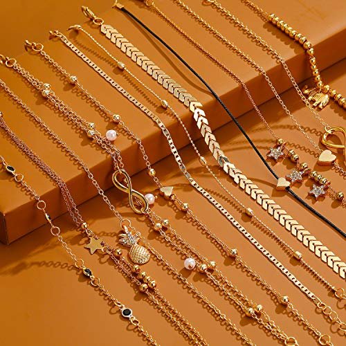 Starain 12pcs Women's Charm Anklet Set Gold Multilayer Adjustable Ankle Bracelets Boho Beach Foot Anklet for Women