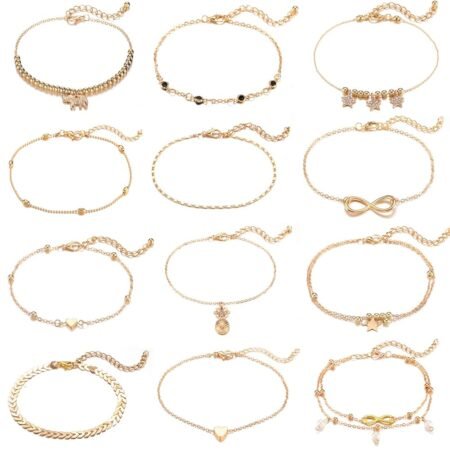 Starain 12pcs Women's Charm Anklet Set Gold Multilayer Adjustable Ankle Bracelets Boho Beach Foot Anklet for Women