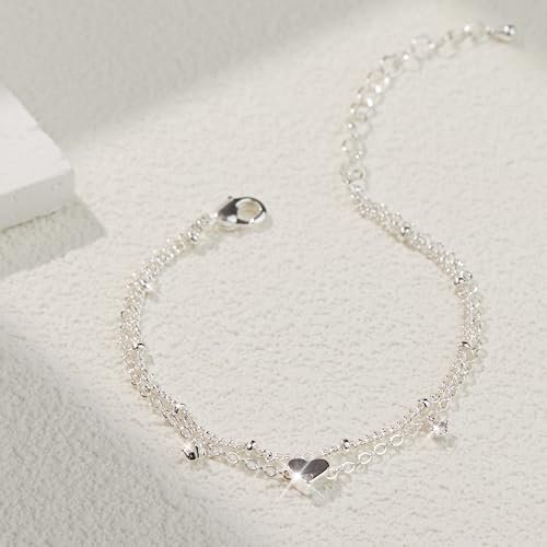 Sterling Silver Anklet Bracelets for Women Waterproof, 925 Sliver Plated CZ & Heart Charm Dainty Layer Anklets for Women Trendy, Simple Chain Anklets Set Gifts for Women,...