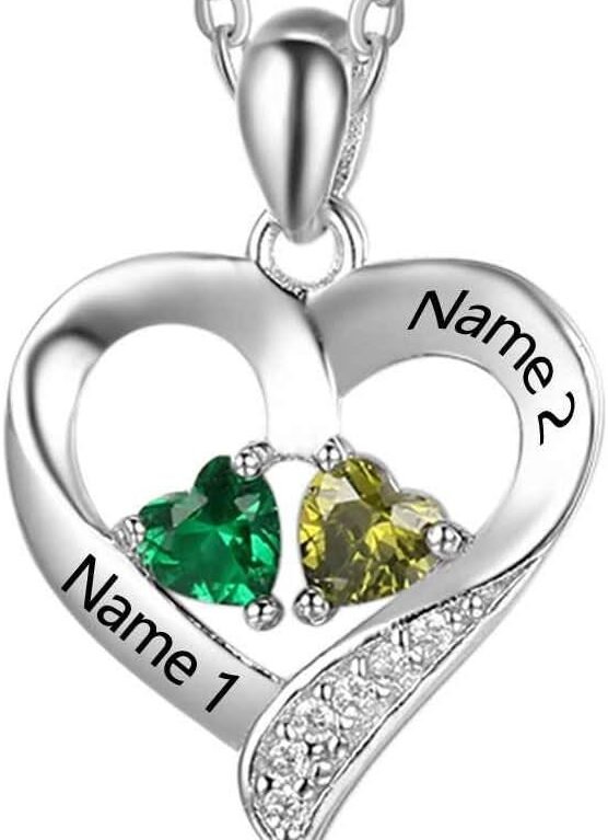 Sterling Silver Personalized 2 Names Necklace with 2 Heart Simulated Birthstone Couple Pendant Necklace for Women