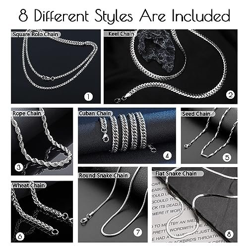 stino 8PCs/7PCs Stainless Steel Chain Necklace for Men Women, Bulk Silver Tone Necklace Chains for Jewelry Making, Figaro Chain, Snake Chain, Cuban Link Chain, Rope Chain.