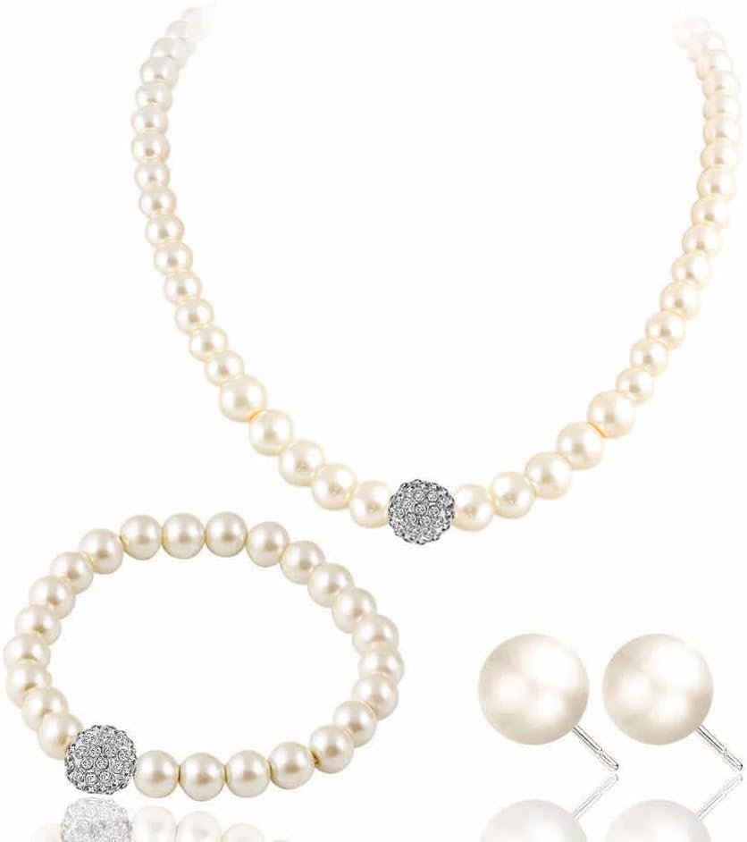 tenghong2021 Fashion Classic Faux Pearl Red Carnelian Jewelry Set Necklace Bracelet Earrings for Women Best Gift for Birthday Valentine's Day Christmas New Year