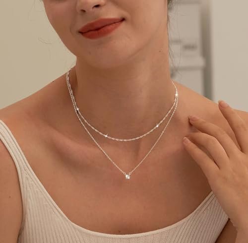 Tewiky Diamond Necklaces for Women, Dainty S925 Sterling silver/ 14K Gold Choker Necklace Simple Silver CZ Jewelry Necklaces for Women Trendy Gifts