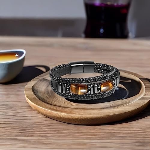 Tiger Eye Black Leather Bracelet Men Natural Tiger Eye Gemstone Crystal Stone Jewelry Handmade Courage And Stress Relief Protection Bracelet