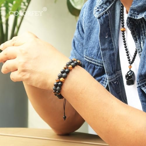 Triple Protection Bracelet for Men Women, Genuine Premium Tiger Eye Black Onyx and Lava Rock 8mm Handmade Bead Bracelet Healing Crystal Protection Bracelet Bring Luck and...