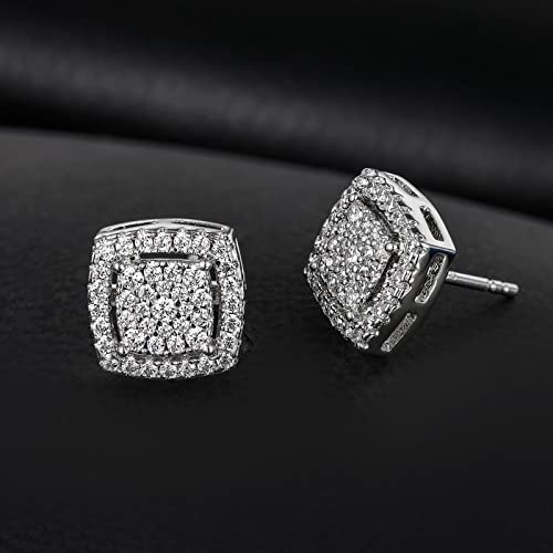 TRUMIUM Sterling Silver Earrings for Men Gold Silver Diamond Layered Iced Out Square Earring Cz Stud Earrings Cubic Zirconia Hypoallergenic