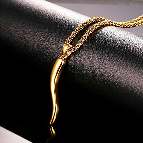 U7 Italian Horn Necklace,Stainless Steel/Black/18K Gold Plated Amulet Necklaces, Protection Jewelry for Men Women